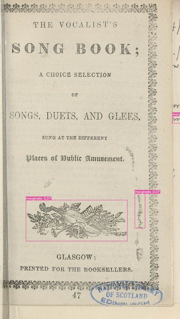**Left:** Flaws from printing press. Printed for the Booksellers, *The Vocalist's Song Book*, ca. 1840, National Library of Scotland, Associated metadata file from Data Foundry: 104185187-mets.xml. **Right:** Example of an ink spill. Printed and sold by T. Johnston, *The History and Adventures of Three Finger'd Jack*, 1822, National Library of Scotland, http://digital.nls.uk/104185025.