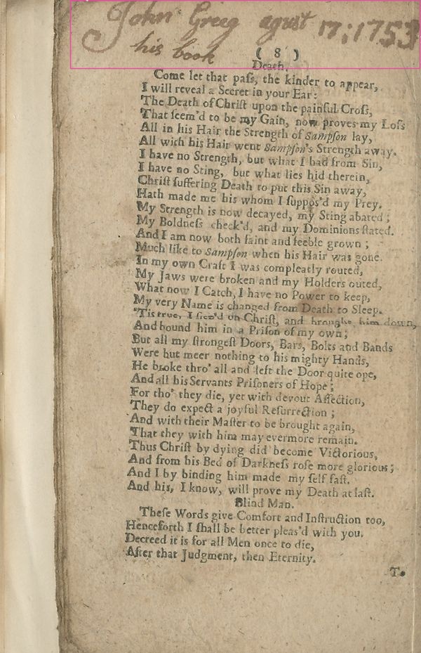 **Left:** A book claim. Printed and sold in Swan-Close, *A Dialogue between a Blind Man and Death*, ca. 1740, National Library of Scotland, http://digital.nls.uk/104184326. **Right:** A collection of signatures. Printed for the booksellers, *Birks of Aberfeldy*, 1817, National Library of Scotland, http://digital.nls.uk/104184636.