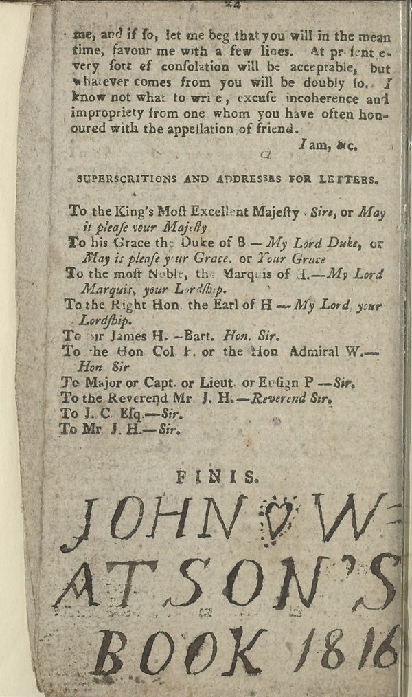 John Waston's signatures. Printed by C. Randall, *The Letter-Writer*, 1807, National Library of Scotland, http://digital.nls.uk/104186662.